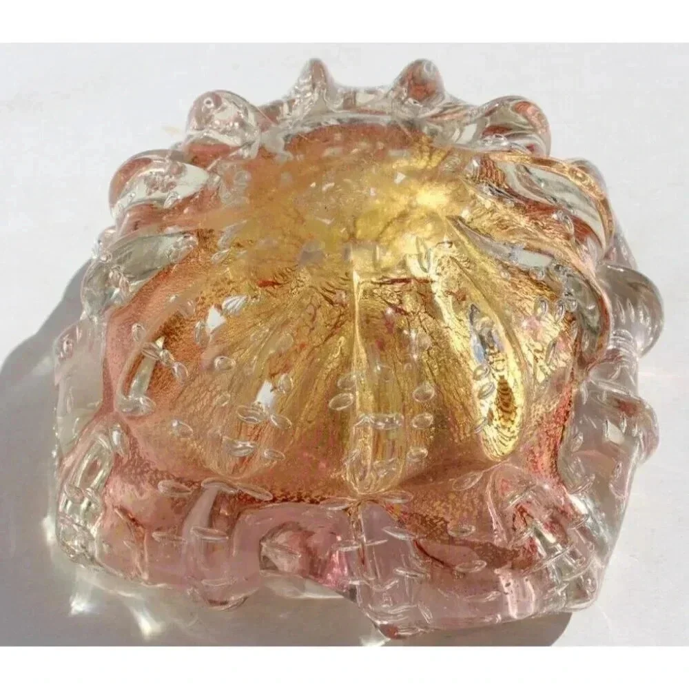 Vtg MID CENTURY Retro Orange Art Glass Metallic Bubbles Color Dish Ashtray